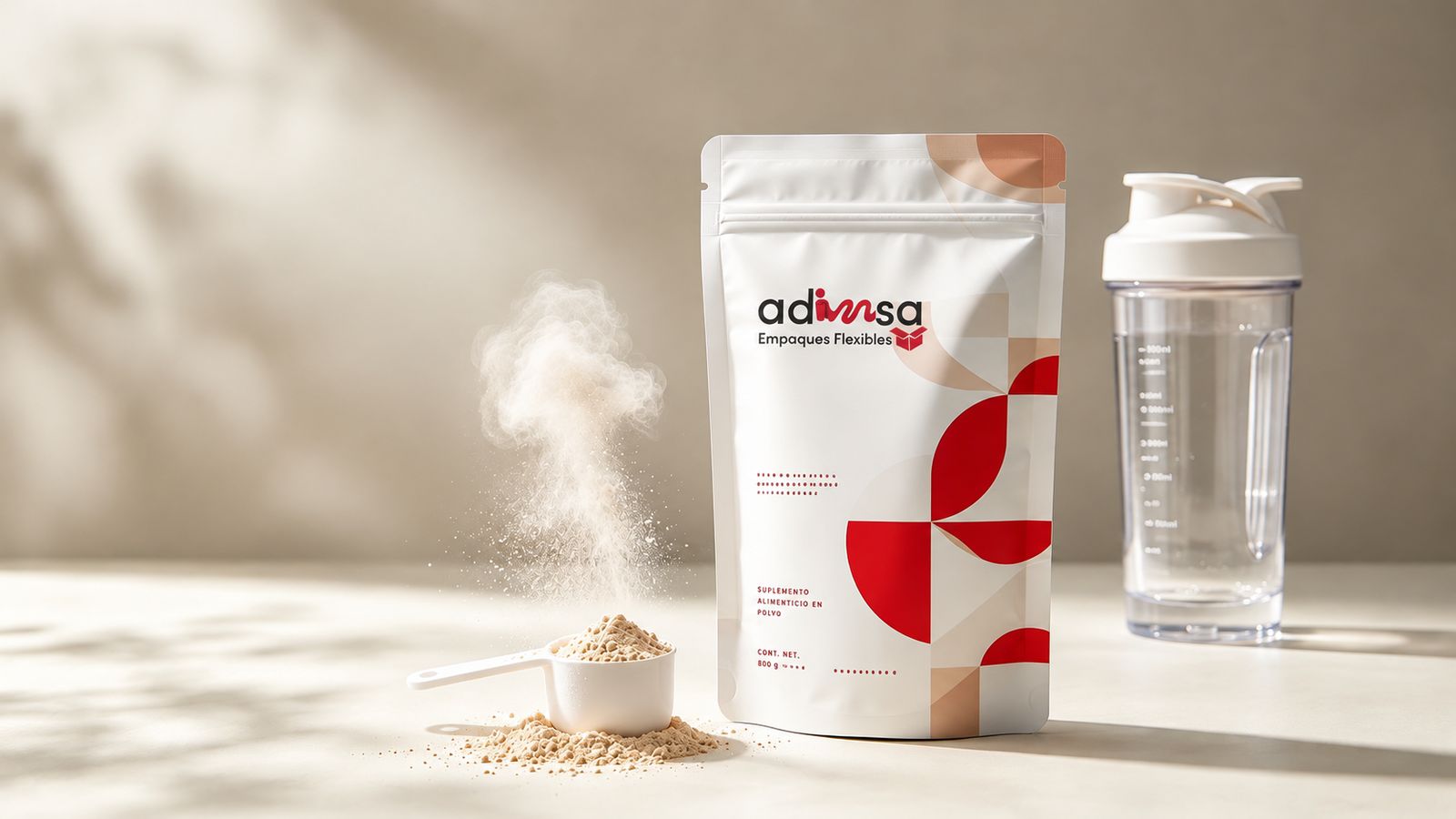 Bolsa stand up de Adimsa para bebida en polvo junto a un shaker y una medida con polvo
