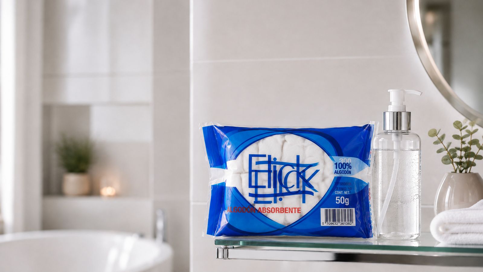 Bolsa de algodón absorbente Elick de 50 g junto a un dispensador de jabón en un baño