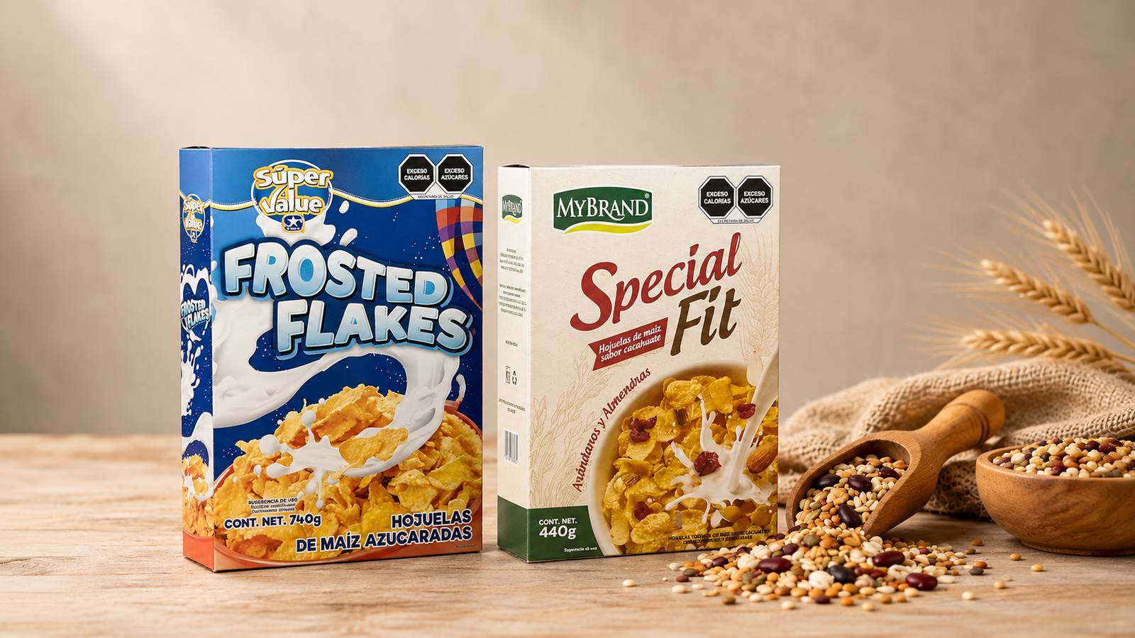 Cajas de cereal Super Value Frosted Flakes y MyBrand Special Fit junto a una cuchara de madera con granos y semillas