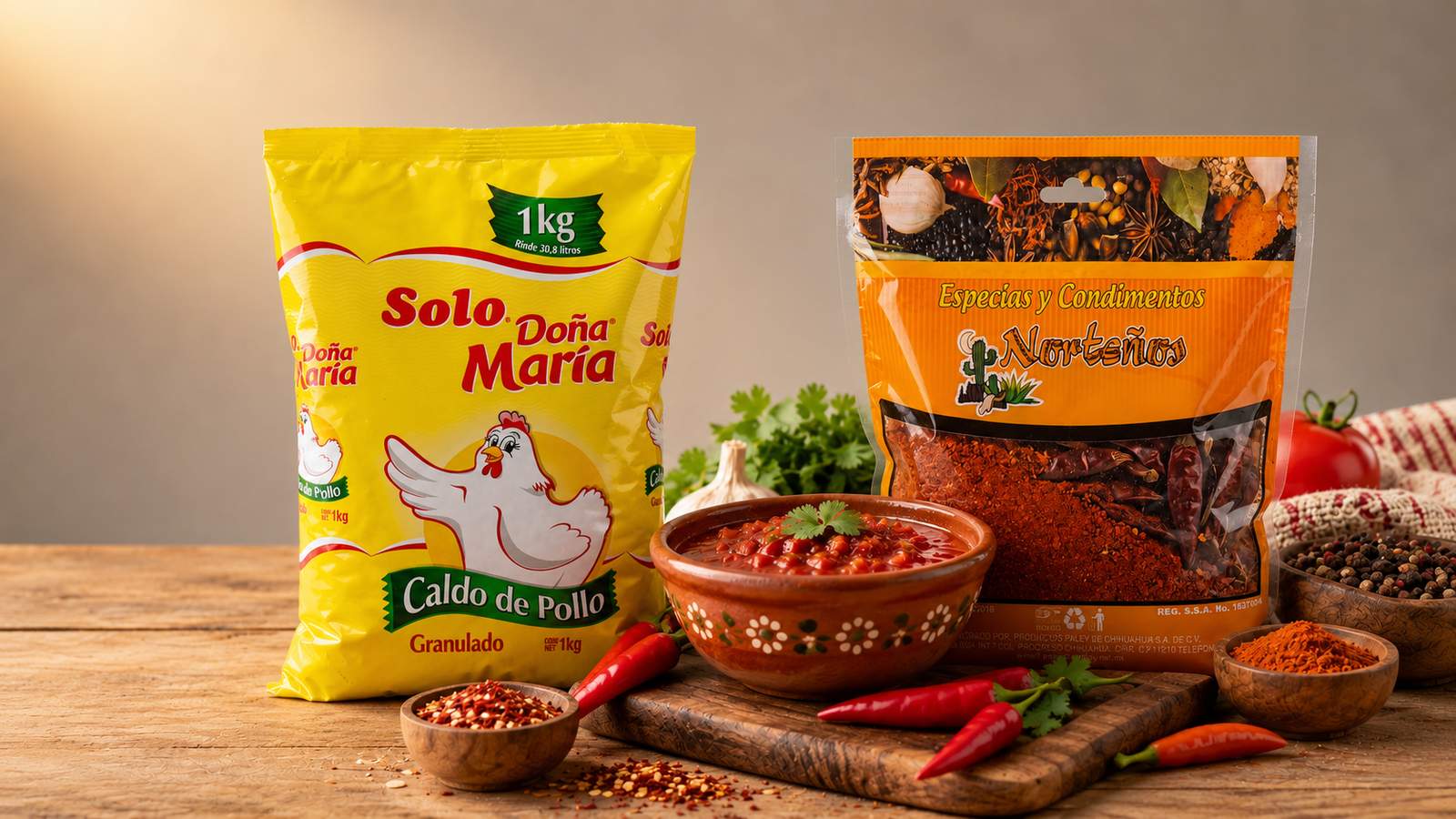 Bolsas de caldo de pollo Solo Doña María y de especias y condimentos Norteños junto a una cazuela de barro con salsa, chiles y especias