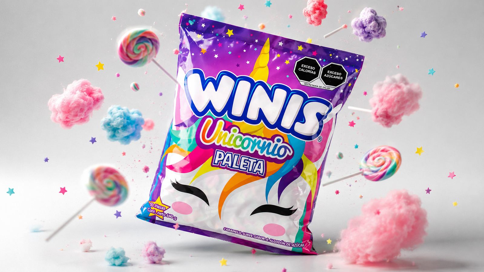 Bolsa Winis Unicornio Paleta entre paletas de dulce y algodón de azúcar